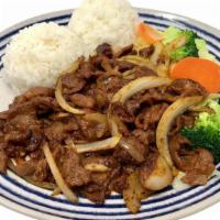 Spicy Pork Teriyaki · Korean style spicy marinated pork stir-fried with onions. Comes with two scoops of steamed r...