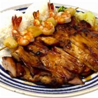Shrimp And Chicken Teriyaki · Chicken teriyaki with a deep-fried shrimp skewer. Comes with two scoops of steamed rice and ...