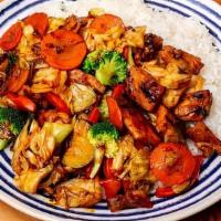 Hot & Spicy Chicken · Stir-fried vegetables (cabbage, carrots, zucchini, onion, broccoli, red bell pepper) and chi...