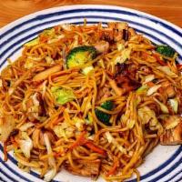 Chicken Yakisoba · Stir-fried yakisoba noodles, chicken, and vegetables (broccoli, carrots, cabbage, onion).
