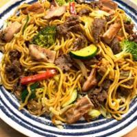Chicken & Beef Yakisoba · Stir-fried yakisoba noodles, chicken, beef, and vegetables (broccoli, carrots, cabbage, onio...