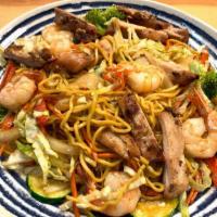 Chicken & Shrimp Yakisoba · Stir-fried yakisoba noodles, chicken, shrimp, and vegetables (broccoli, carrots, cabbage, on...