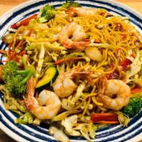 Shrimp Yakisoba · Stir-fried yakisoba noodles, shrimp, and vegetables (broccoli, carrots, cabbage, onion).