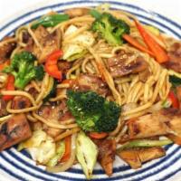 Chicken Yaki-Udon · Stir-fried yaki-udon noodles (thick noodles made using wheat flour), chicken, and vegetables...