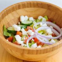 Mediterranean Salad · Romaine, Tomato, Cucumber, Red Onions, Feta Cheese, Oil & Vinegar
