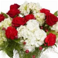 Hydrangea & Roses Vase Arrangement · Beautiful fresh flowers arranged in a vase with white hydrangeas, red or pink roses and carn...