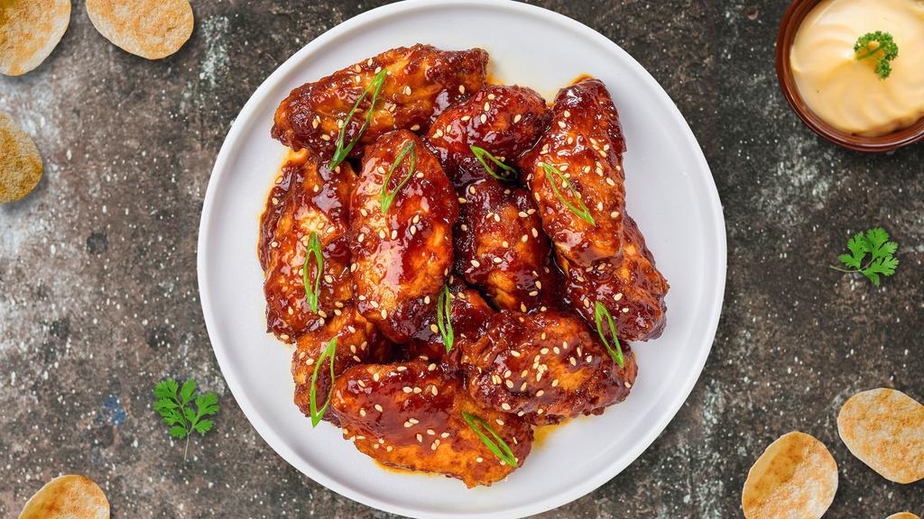 Teriyaki Wings · Fresh chicken wings breaded, fried until golden brown, and tossed in teriyaki sauce. Served with a side of ranch or bleu cheese.