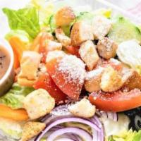 Soprano'S Tossed Salad · Lettuce, tomatoes, onions, olives, cucumbers, Romano cheese, and croutons.