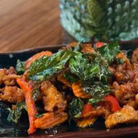 Crispy Chicken With Basil · Medium. Stir fried chicken with bell pepper and served with rice