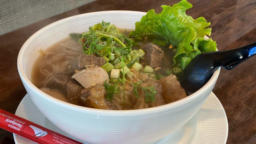 Beef Noodle Soup · Spicy. Beef, Stewed with Beef tendon beef meatball in a meat broth. Rice noodles, bean sprouts, green onion, and cilantro are added.