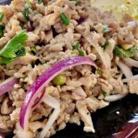 Larb · Choose of ground chicken=gai or ground pork=moo. Larb is a dish of ground meat, mint, red on...