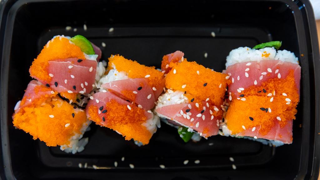Crazy Roll · Spicy tuna, avocado, tuna and masago on top.