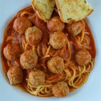 Spaghetti With Meatballs · Thin spaghetti with beef meatballs and marinara sauce.