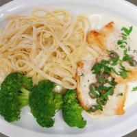 Chicken Piccata · Chicken breast sauteed in a lemon white butter sauce with capers, served with fettuccine Alf...