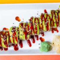 Green Dragon Roll (8Pcs) · Eel, cucumber inside, topped with avocado.