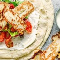 Halloumi Cheese Wrap · Grilled Halloumi cheese, lettuce, tomato, garlic, and cocktail sauce - V