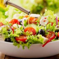 Mediterranean Salad · Cucumbers, tomatoes, bell peppers, and lettuce mixed with mint, lemon juice, and olive oil –...