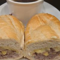 French Dip · Hot roast beef with homemade au jus served on a toasted sub with Havarti cheese.  Choose hor...