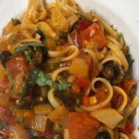 Linguine Puttanesca · Green and red peppers, onions, tomatoes, capers, black olives, fresh garlic, crushed red pep...