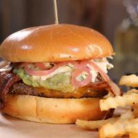 Double Avocado Burger · House-made guacamole, aged cheddar cheese, Applewood bacon, cilantro lime slaw, pickled red ...