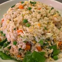 Vegetarian Fried Rice · Cabbage, broccoli, snow peas, green peas, green onion, carrot, egg.