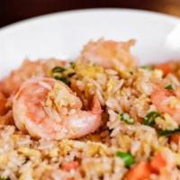 Shrimp Fried Rice · Shrimp, green peas, green onion, green peas, carrot, egg.
