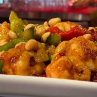 Kung Pao Shrimp · Sauteed shrimp, red bell pepper, zucchini, peanut, ginger, garlic, spicy chili pepper.