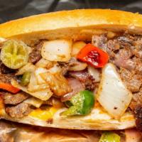 #30. Italian Cheesesteak · Topped with provolone cheese, marinara sauce, peppers, and onions.