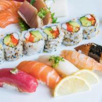 Sushi & Sashimi Combo · Five pieces sushi, eight pieces of sashimi and one California roll.