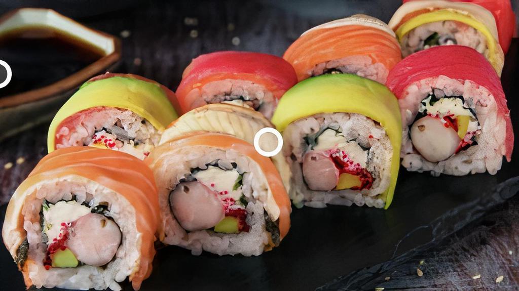 Rainbow Roll · California roll top with avocado, tuna, salmon and white fish.