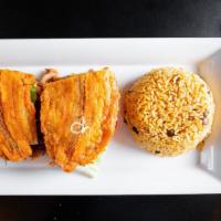 El Jibarito · The plantain sandwich! Fried green plantain, sliced in half and flattened as the 