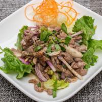 Num Tok Salad · Medium. Grilled marinated slices of beef, roasted rice, red onions, scallions, and cilantro ...