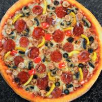 Super Supreme Pizza · Pepperoni, sausage, mozzarella, bell peppers, mushrooms, onions, and olives.