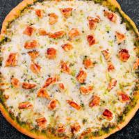 Pesto Plan Pizza · Fresh pesto, chicken, mozzarella cheese, and parmesan baked on a hand-tossed dough