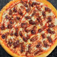 Cue The Chicken Bbq Pizza · Barbecue sauce, juicy chicken, mozzarella, marinara, chopped garlic, fresh basil, and extra ...