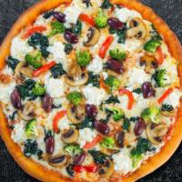 Steady Veggie Pizza  · Bell peppers, mushrooms, kalamata olives, spinach, broccoli, and feta cheese baked on a hand...