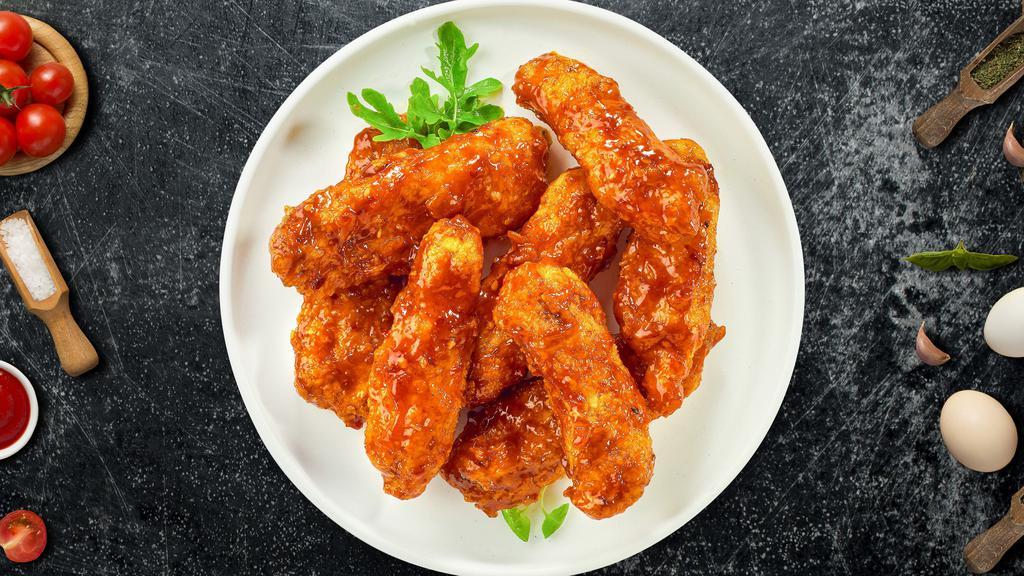 Chipotle Glaze Bbq Boneless Wings · Fresh boneless chicken wings breaded, fried until golden brown, and tossed in chipotle barbecue sauce. Served with a side of ranch or bleu cheese.