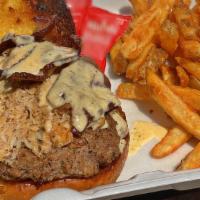 Like Dat Burger · 6 oz. Beef patty, topped with 6 shrimp, crab meat and bacon with house sauce on a toasted bu...