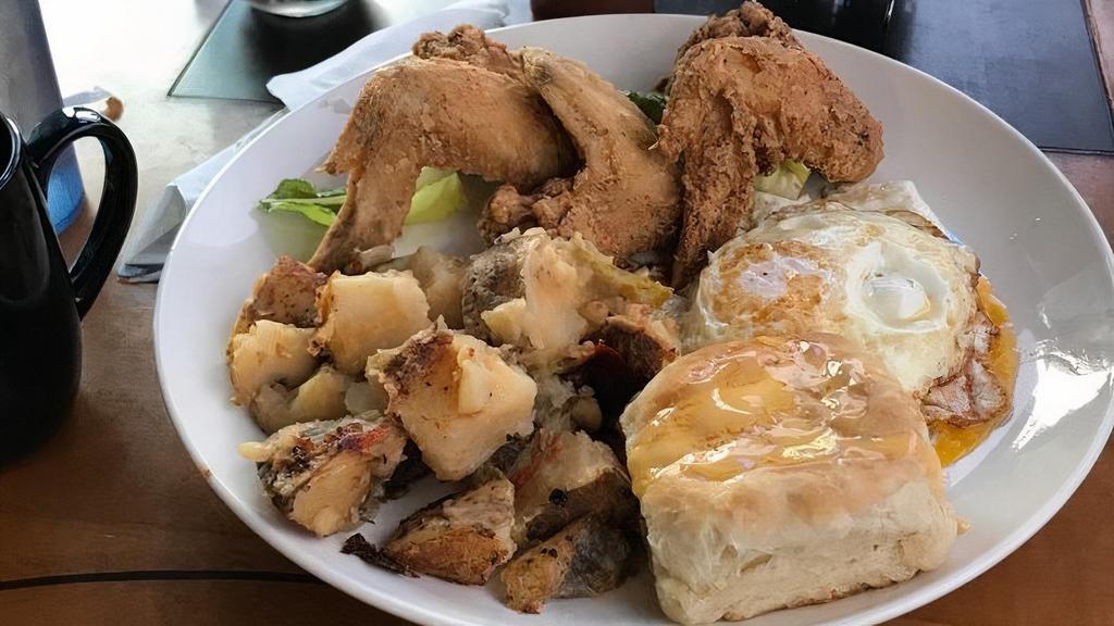 3Rd Base Breakfast · 3 eggs, 3 wings, biscuit and hash or country potatoes.
