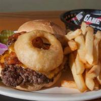 Off Side Burger Lunch · Onion ring, bacon, cheese and BBQ sauce. This item comes with fries.