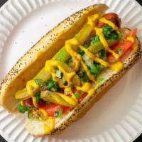 The Chicago Dog · Neon Relish, Onion, Tomato, Pickle, Sports Peppers, Mustard, and Celery Salt