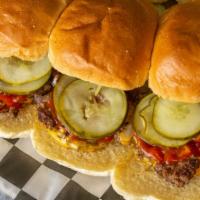 Hamburger Sliders · Onions, Pickles, and Slider Sauce