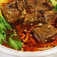  Braised Beef Soup Handmade Noodles / 红烧牛肉汤面 · Beef, Bok choy, Garnish parsley and Chinese green onion, Five-spice soup.