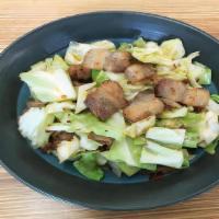 Stir-Fried Pork With Cabbage 包菜小炒肉(辣） · Chinese cabbage, sliced pork belly, chili pepper, Chinese black pepper, ginger, garlic, suga...