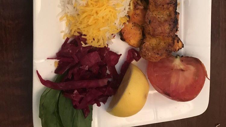 Chicken Sultani Kebob · One skewer of chicken strip and one skewer of chicken koobideh.