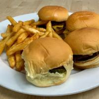 Mcghee Minis · Four mini cheeseburgers, pickles & sautéed onions; served on mini potato rolls with fries.