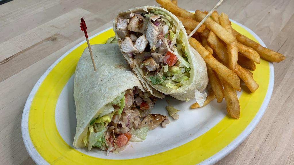 Grilled Chicken Sandwich · Grilled chicken, Swiss cheese, lettuce, red onions, tomatoes & house dressing; served on a hero or wrap.