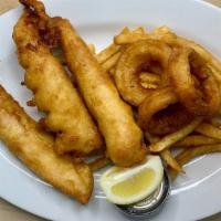 Galway Style Fish & Chips  · Beer-battered cod fillets deep fried & served with French fries, onion rings & tartar sauce.