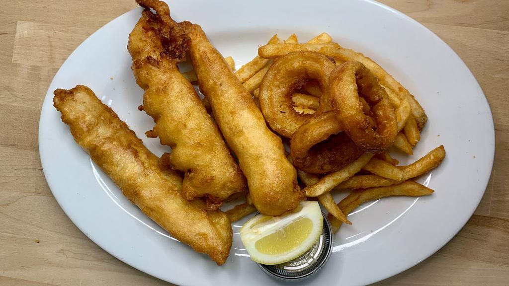 Galway Style Fish & Chips  · Beer-battered cod fillets deep fried & served with French fries, onion rings & tartar sauce.