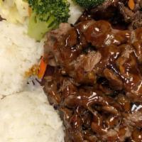 Beef Teriyaki Plate · Made of thin, marinated slices of beef topped with a homemade sweet teriyaki sauce.   Served...